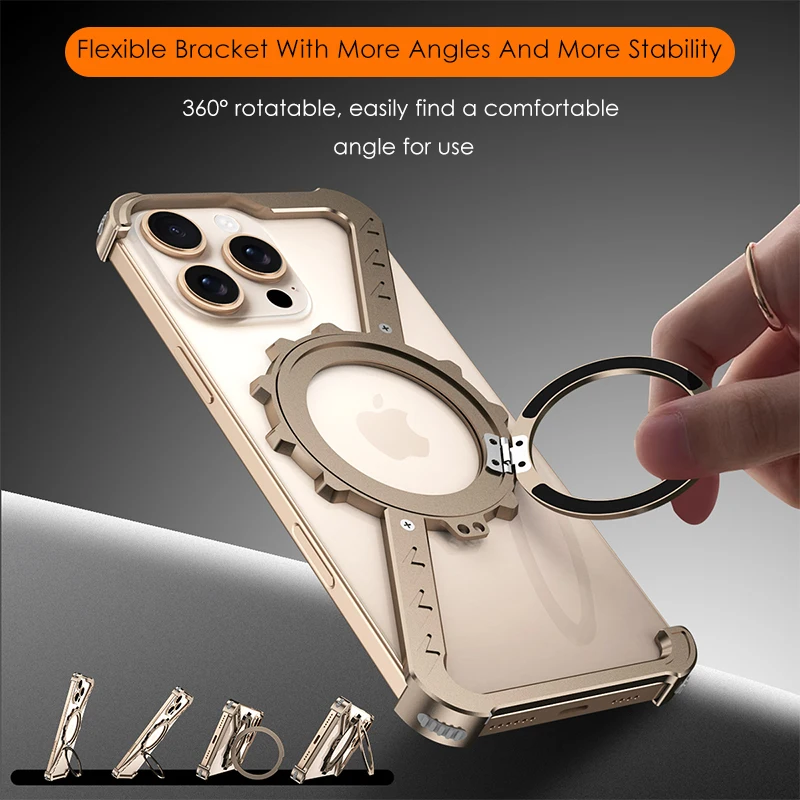 

Z-Shaped Metal Gear Magnetic Holder Case For iPhone 16 15 14 13 Pro Max Aluminum Alloy 360° Rotating Bracket Protection Cover