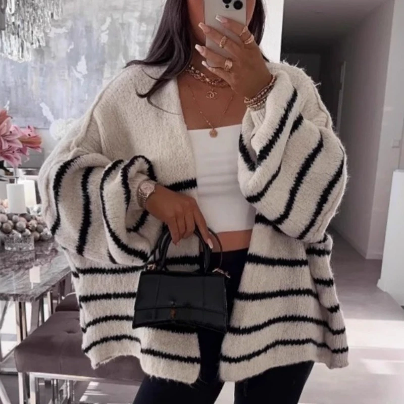 

Autumn and Winter Sweater Women Loose Contrast Stripes Anti-bone Embroidery Knitted Cardigan Coat Women