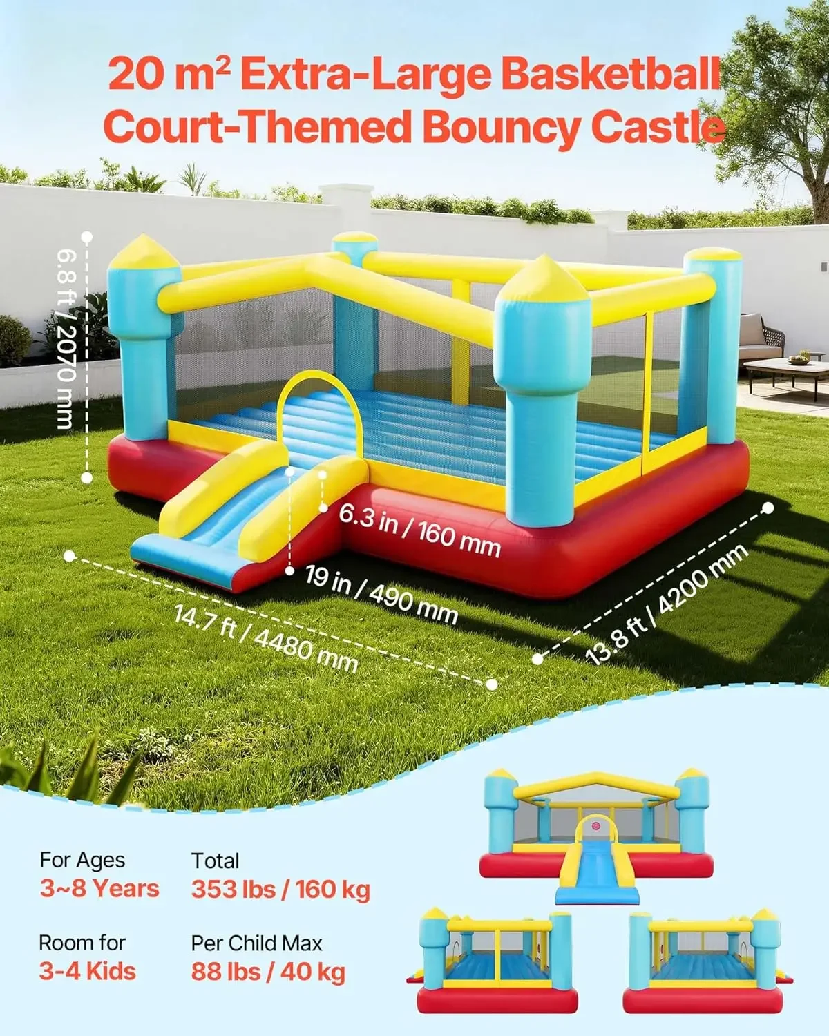 VEVOR Inflatable Bounce House, 14.7 x 13.8 x 6.8 ft Jumping Bouncy Castle, Inflatable Jumper for Kids with Slide, Basketball Hoo