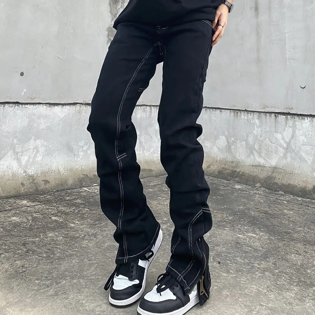 American High Street Bright Thread Slim Fit Slim Pant Hem Split Zipper Straight Leg Jeans Micro Flare Versatile Pants for Men an