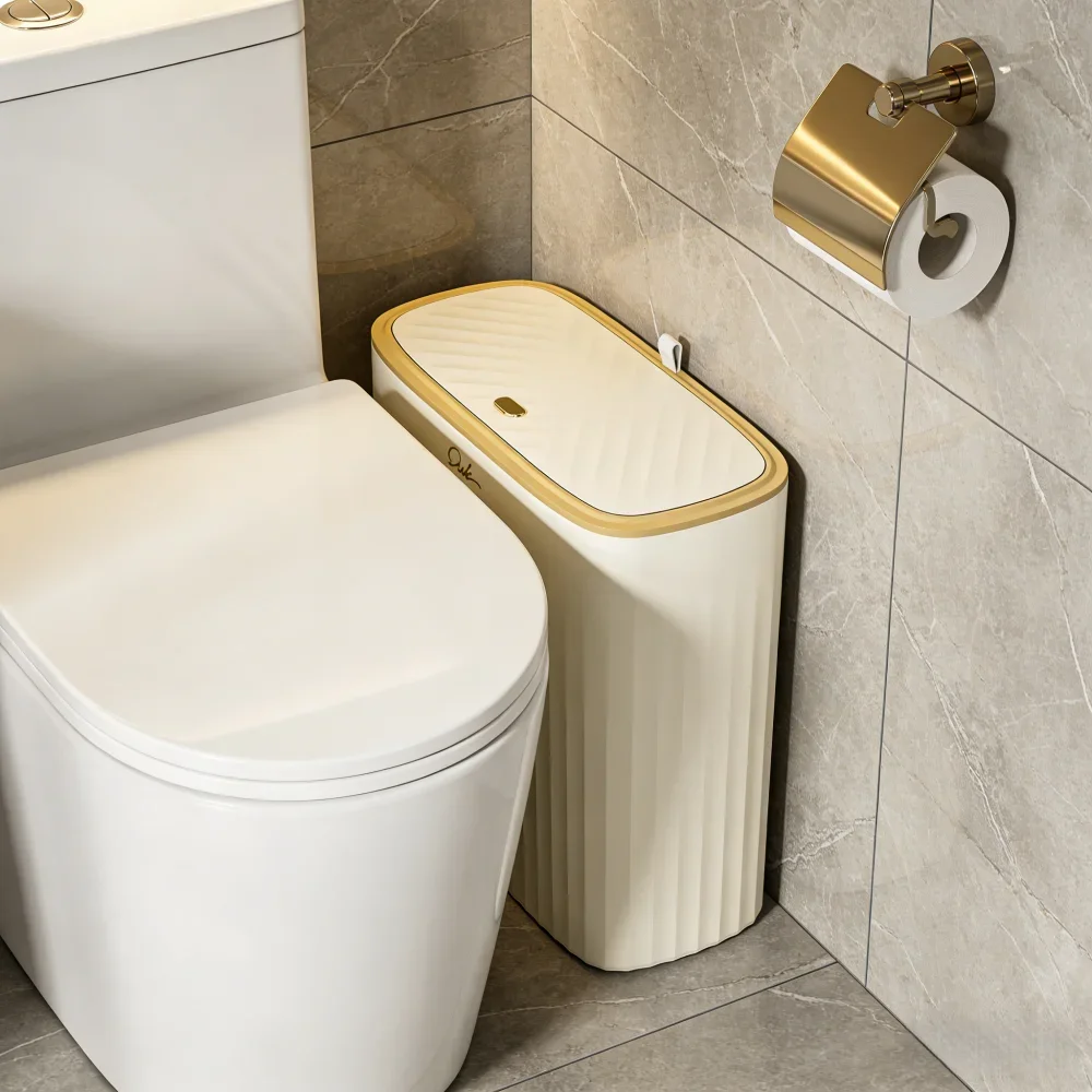 Beige Gold Trim Trash Can Narrow Slim Pressing Type Garbage Bin with Lid Bathroom Kitchen Space-Saving Large Capacity Trash Can