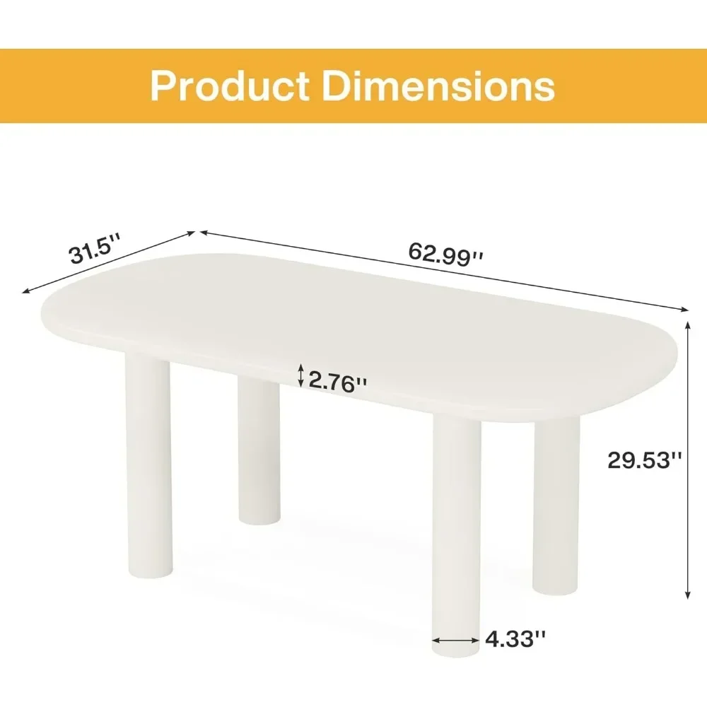 Ovale Eettafel Voor 6 Personen, 63-Inch Moderne Crèmekleurige Witte Keukentafel, Houten Eettafel Met Cilindrische Poten (Alleen Tafel)