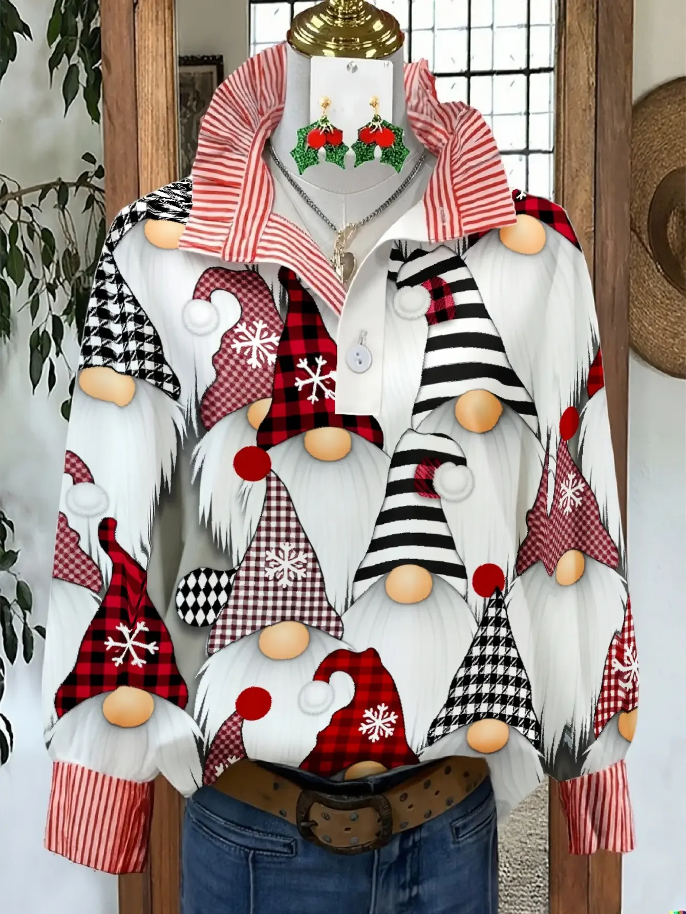 Women's Plus Size Long Sleeve Stand Collar Shirt with Creative Print for Spring, Autumn, Ladies' Fashion Clothing