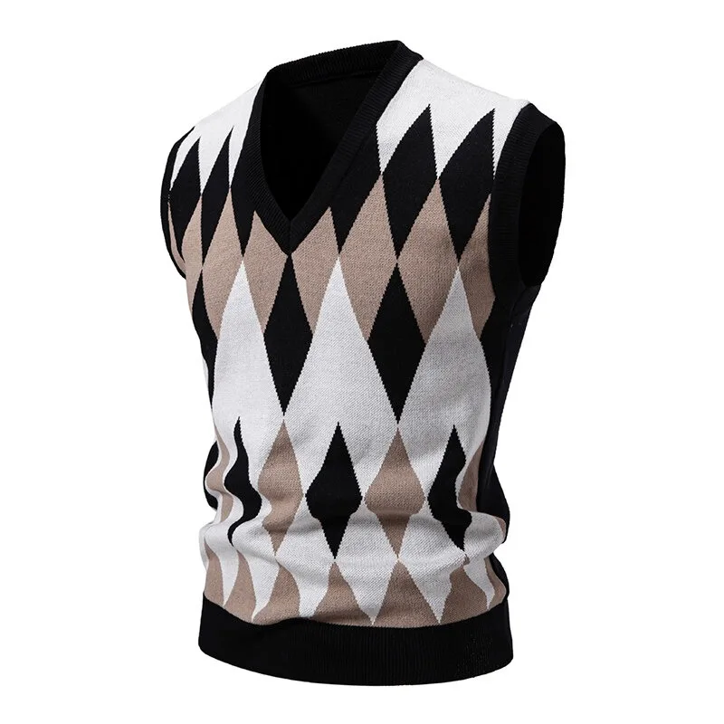 Bild 3: Neue Herren-Argyle-Strickweste mit V-Ausschnitt, ärmellos, lässig, schmal geschnitten, Pullover, leichte Strickweste