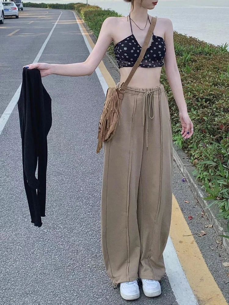 Womens Brown Vintage High Rise Straight Wide Leg Sweatpants Autumn Slouchy Drape Loose Slimming Trousers
