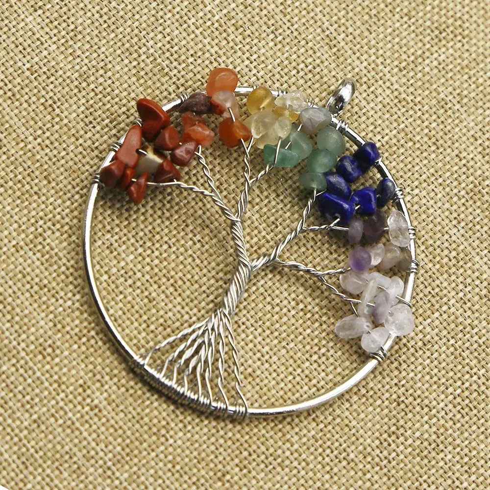 Natural Stone Colorful Fortune Tree Silver Round Pendant Women's Earrings Necklace Making Jewelry Accessories Wholesale 6Pcs/Lot