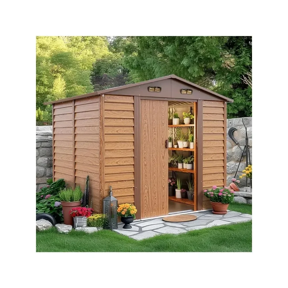 8x6' Outdoor Storage Shed, Wood Grain Galvanized Metal Shed with Double Sliding Doors, Foundation, Tool Storage Sheds for Garden