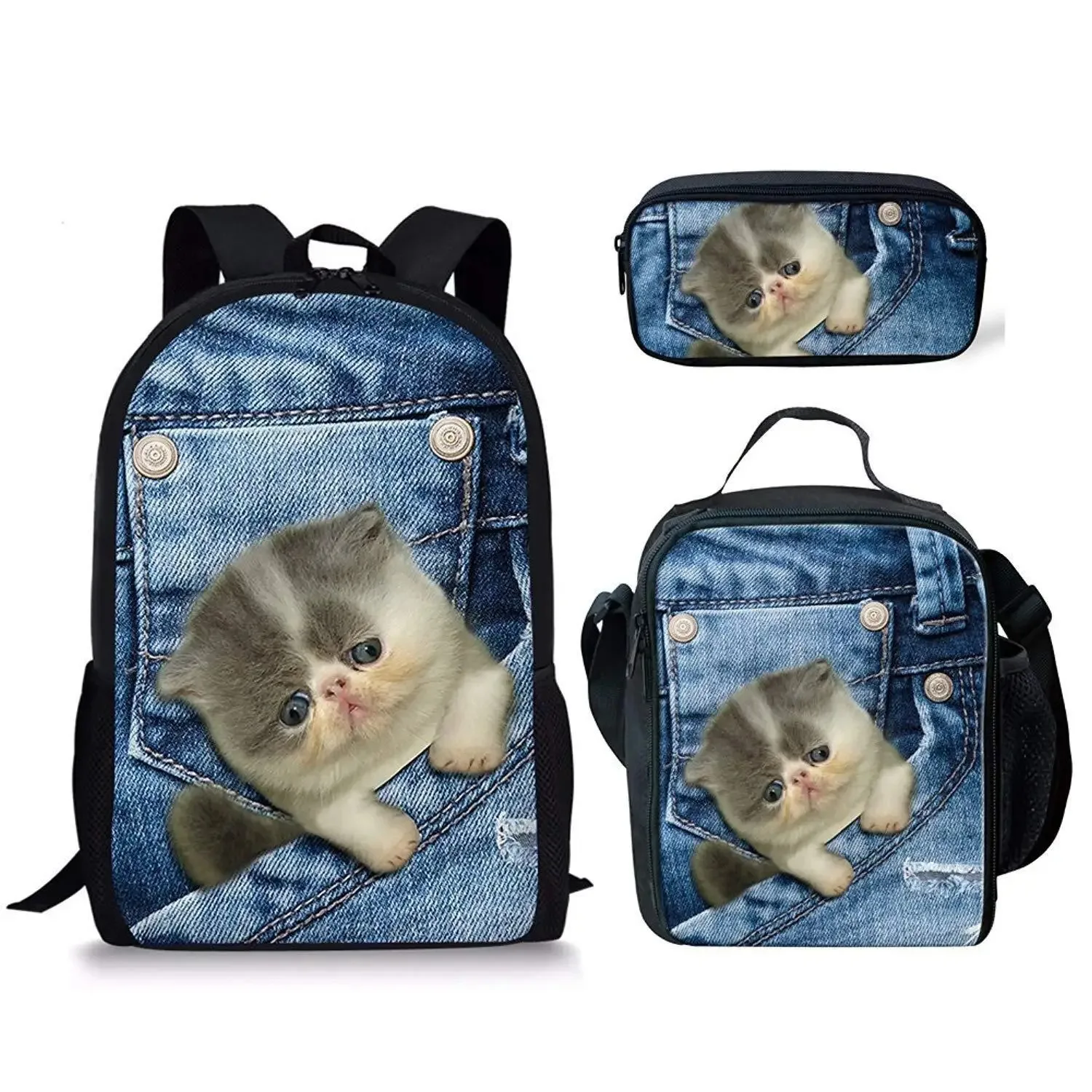 

Student Jeans Pocket Backpack, School Backpacks, Laptop Backpack, Lunch Box, Pencil Case, 3D Printing, Dog & Cat Printing,