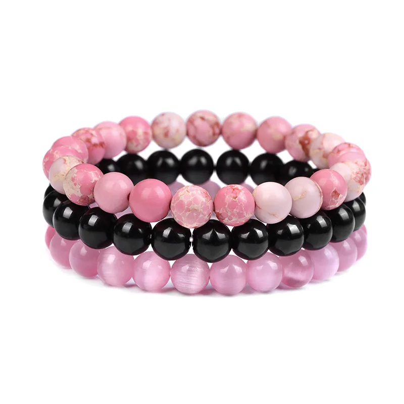 3Pcs/set 8mm Natural Stone Beads Bracelet Set Pink Zebra Rhodonite Moonstone Agates Hematite Bracelets For Women Men Jewelry