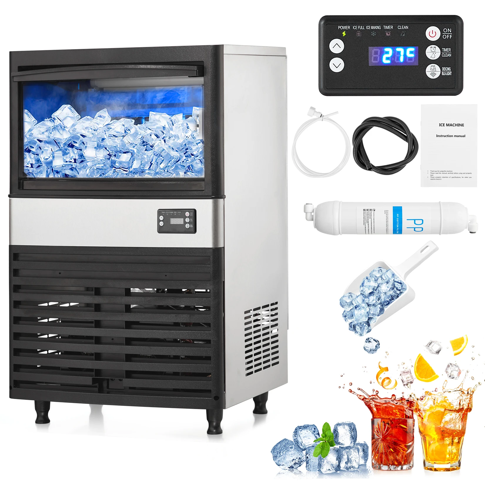 Commercial Ice Maker Machine, 130Lbs/24H, 27Lbs Storage Bin, 0.9Inch Thick Ice Cube Ice Machine Automatic Cleaning Function