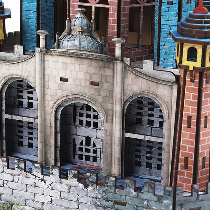 DIY Wooden 3D Puzzle Fairy Tale Castle Model, Colorful Spray-Paint Medieval Fortress Building Kit, Montessori Educational Toy