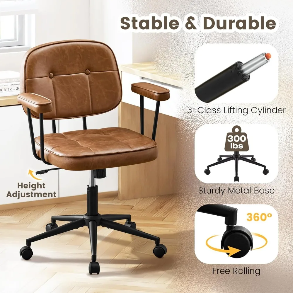 كرسي مكتب منزلي مع مسند ذراع مبطن بعجلات، كرسي مكتب جلدي مريح مع دعم قطني متوسط الظهر قابل للتعديل #5