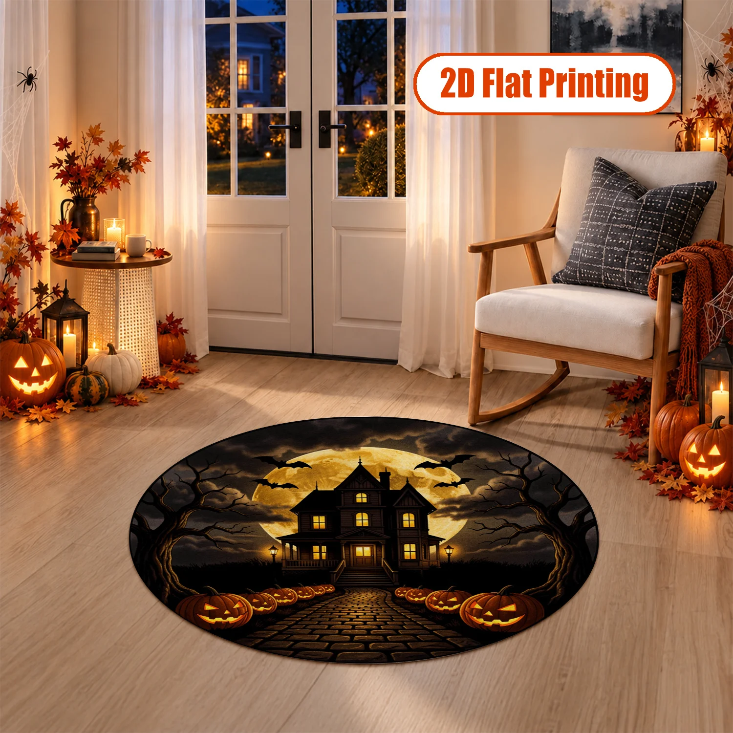 Spooky Halloween Haunted House Jack O Lantern Bat Full Moon Round Velvet Rug Machine Washable for Living Room Bedroom Dining Area Halloween Thanksgiving Christmas New Year Black Friday Cyber Monday