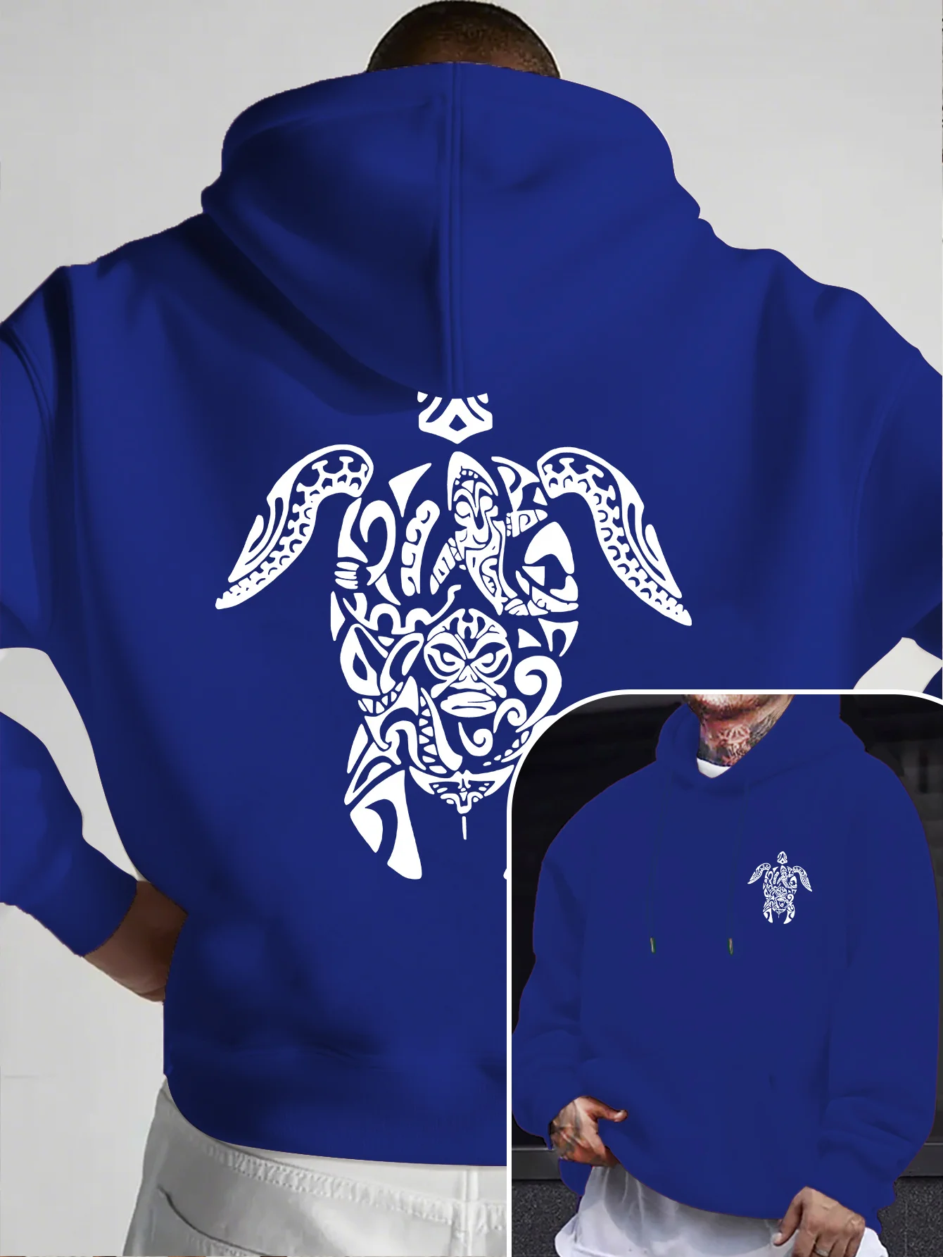 Men Sport Hip Hop Hoodie, Polynesian Tribal Turtle Graphic, Fleece Lined Sweatshirt for Urban Street Style & Winter Daily Outfit