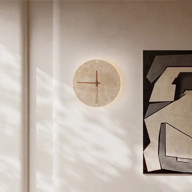 Modern Creative Clock Living Room Wabi Sabi Wall Lamp Nordic Simple Yellow Travertine Restaurant Corridor Circular Sconce Light view 4