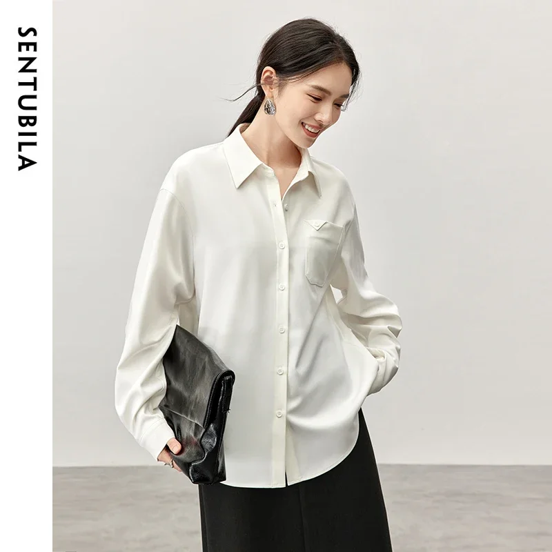 SENTUBILA Office Lady Solid Shirt for Women 2024 Spring Autumn Texture Turn Down Collar Long Sleeve Simple Women Top 143C56817