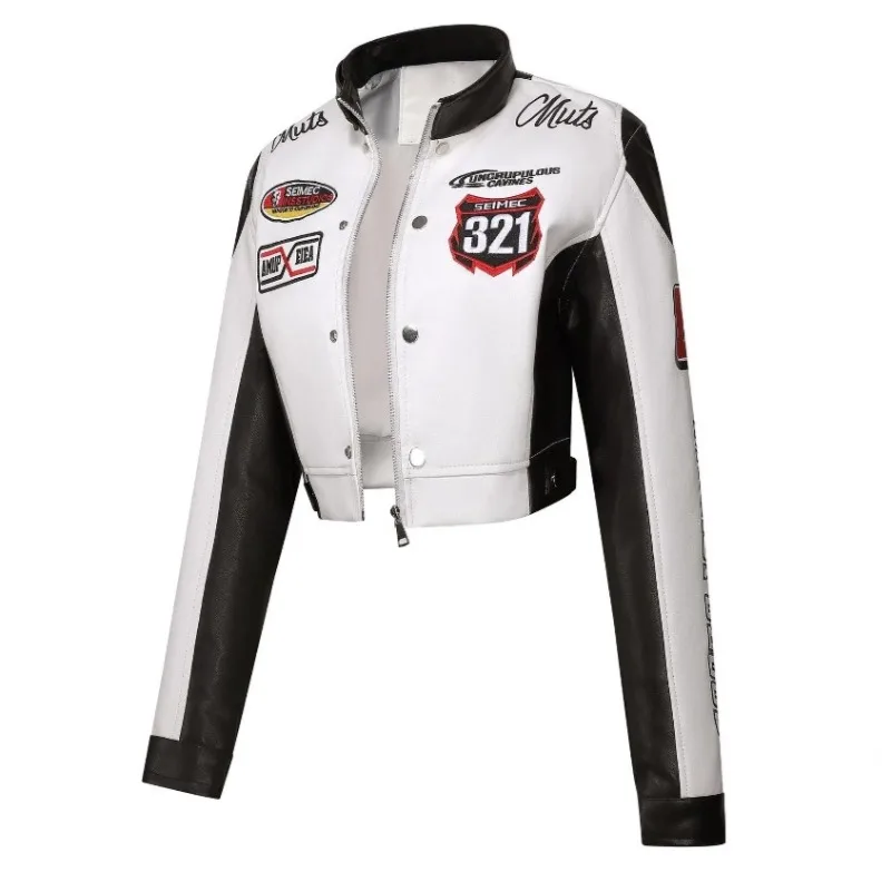 เสื้อแจ็คเก็ตนักขี่มอเตอร์ไซค์ปักลายคุณภาพสูงสำหรับผู้หญิง แจ็คเก็ตหนัง PU สั้นเท่ห์ สไตล์สตรีทแวร์ เสื้อโค้ทบอมเบอร์ เสื้อผ้าผู้หญิงแนวเรซซิ่ง