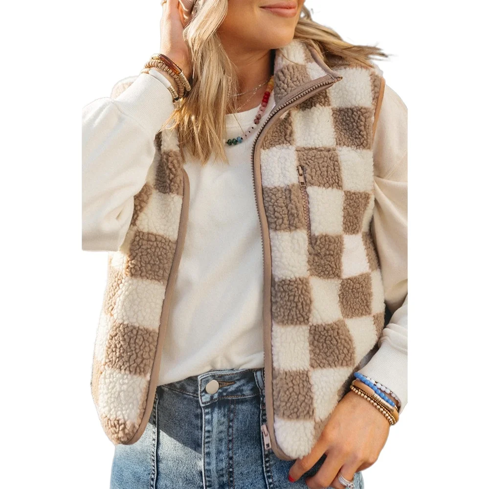 

Khaki Checkered Sherpa Collared Jacket Vest