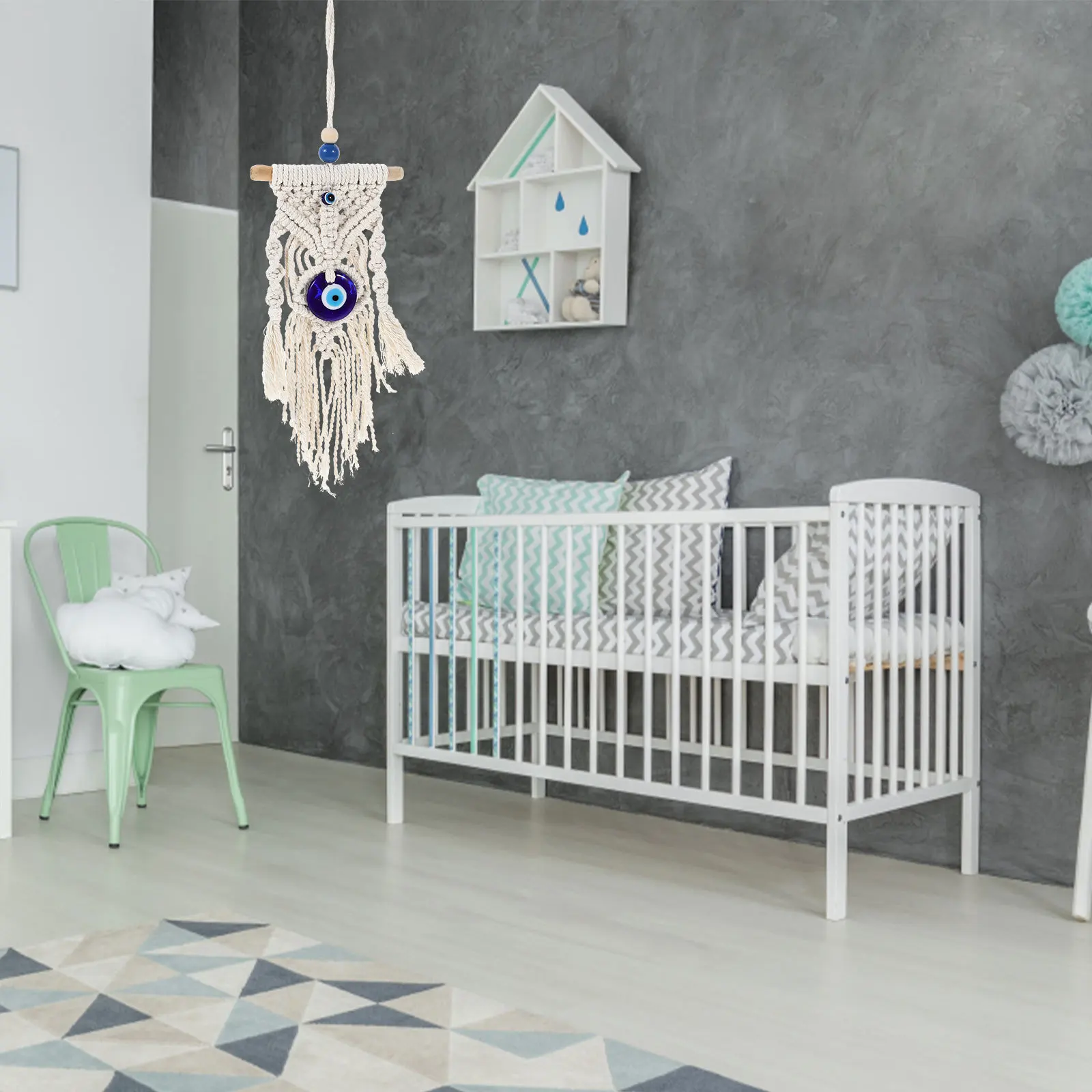 Macrame Blue Eye Tapestry Woven Wall Hanging Cotton Rope Handmade Tassel Pendant Rustic Home Decor Macrame Wall Decor