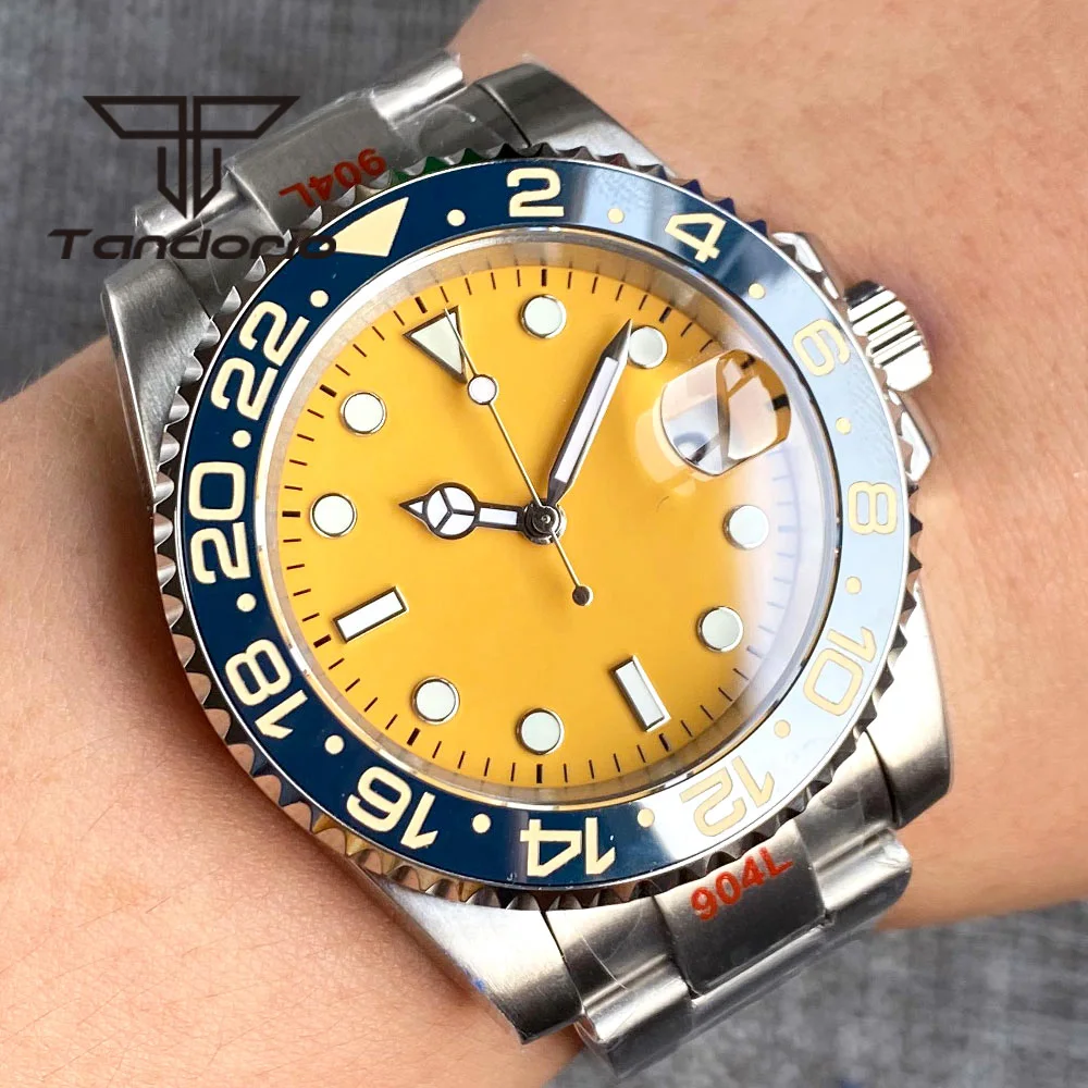 

NH35A 40mm Automatic Wristwatch for Men Yellow/Orange Luminous Dial Rotating Ceramic Bezel Sapphire Glass Date Screw Crown