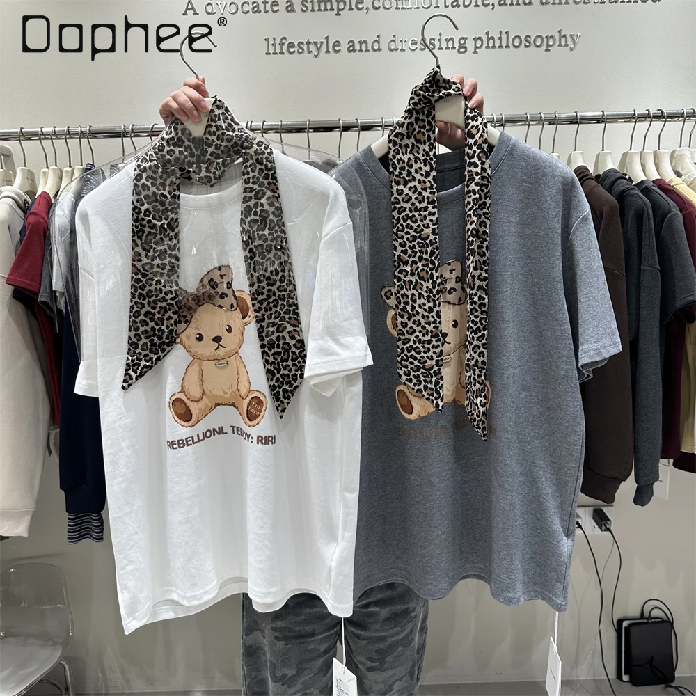 

T Shirt Women Spring Summer New Loose Half-Sleeve Top Leopard Bear Mid-Length Short-Sleeve T-Shirt for Women
