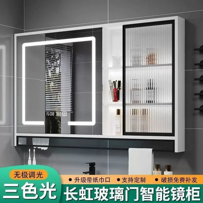 Smart bathroom mirror cabinet Solid wood separate wall-mounted bathroom mirror Glass door mirror box with locker