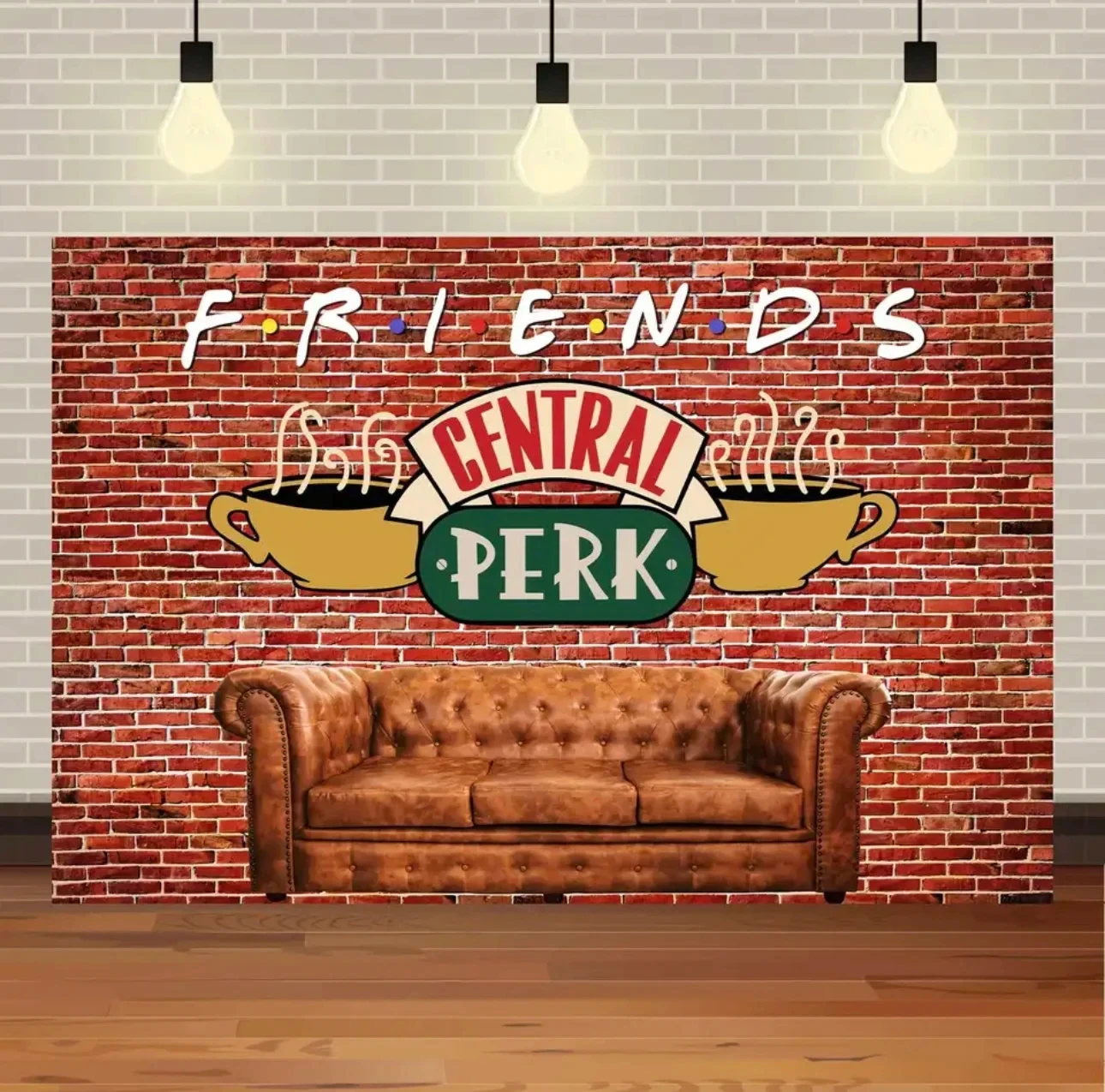 White Red Brick Wall Tv Show Central Perk Friends Theme Party Backdrop Banner Retro Pub Brown Sofa Coffee Photography Background