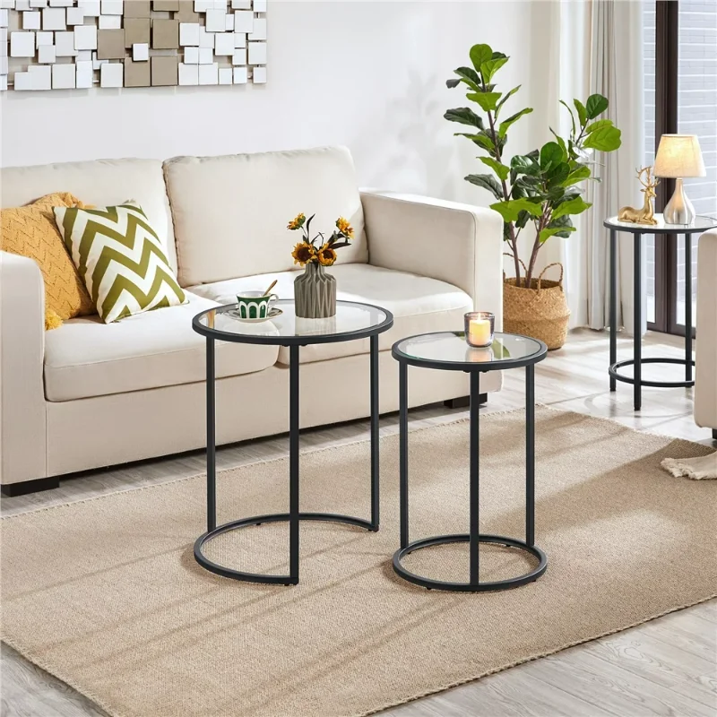 Round Metal Nesting End Table Set of 2 with Glass Top for Living Room, BlackCafe Tables Sofa Side Table