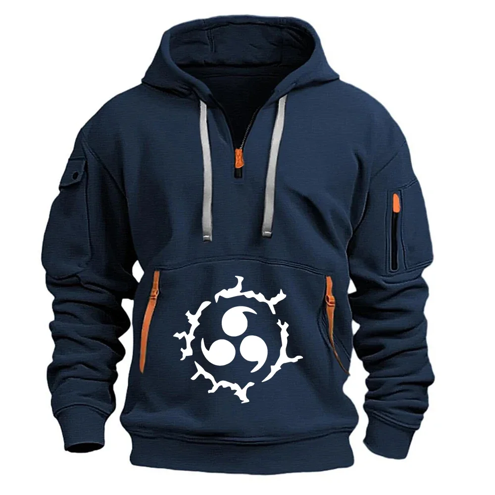 Naruto Sharingan Symbol Tactical Hoodie Half Zip Multi Pocket Sweatshirt Anime Fan Streetwear Long Sleeve Hooded Pullover Coat