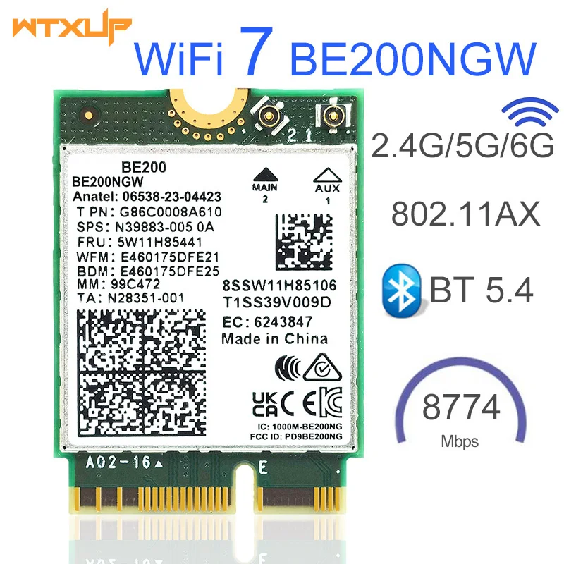 

Wi-Fi 7 BE200 беспроводная карта 802.11AX BE200NGW Bluetooth 5,4 трехдиапазонный M2 NGFF Key E Сетевой адаптер для Win10/11 WIFI 6E