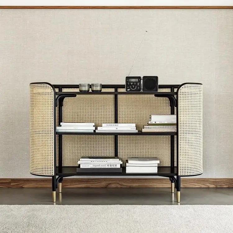 Nordic Style Simple Living Room Storage Bookcase Rattan Weave Light Luxury Dining Side Cabinet Solid Wood Small Storage Cabinet