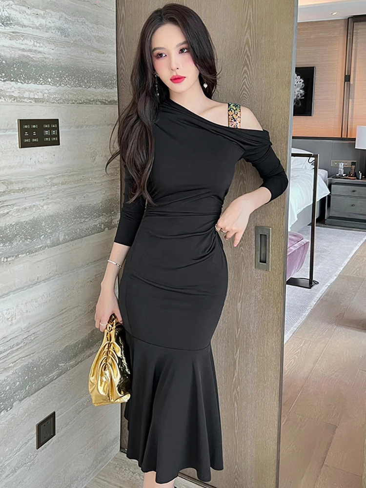 

Fashion Women Evening Dress Chic Black Temperament Sexy Off-Shoulder Skinny Midi Party Gown Stretchy Robe Femme Mujer Vestidos