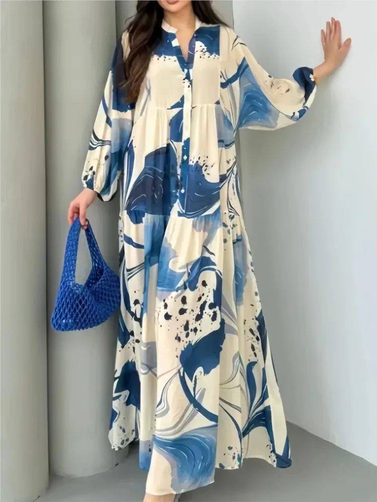 Printed Loose Shirt Long Dresse for Women's Long-sleeved V-neck Dresses New Fashion Spliced ​​elegant Female Casual Robe 2025