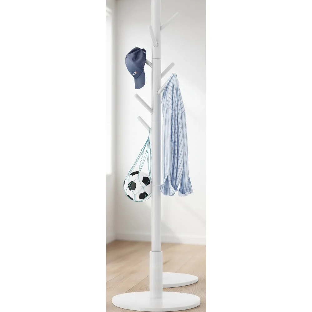

White Wood Coat Rack with 8 Hooks & Adjustable Height, Sturdy Kids Adult Entryway Organizer