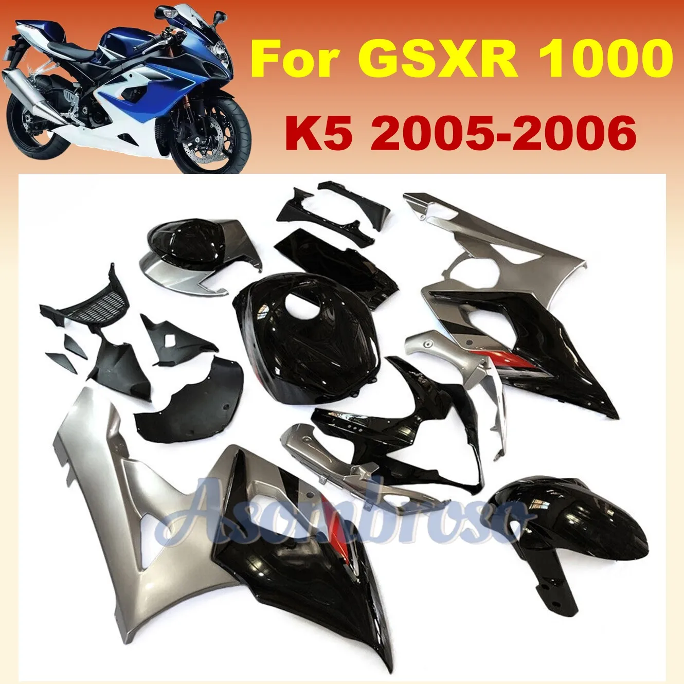 Great Quality Plastic Sportbike Universal Fairing Kits For GSXR1000 2005 2006 K5 GSXR 1000 05 06 Silvery Black+Tank Cover