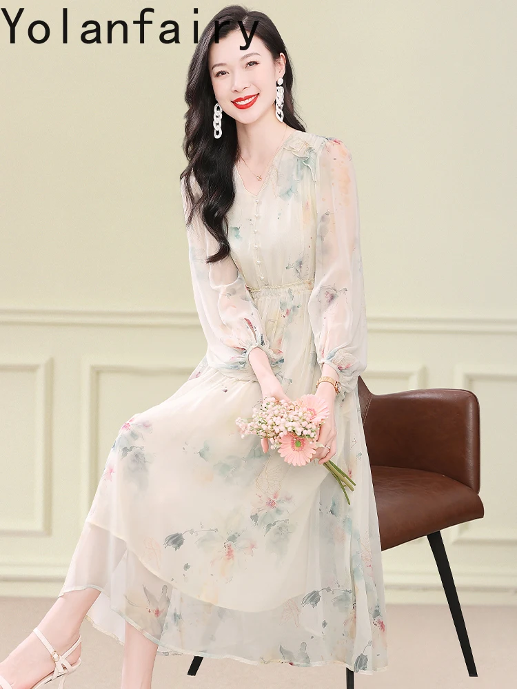 YOLANFAIRY فستان حريري حقيقي المرأة أوائل الخريف أنيقة الأزهار طباعة فساتين 100% التوت الحرير الخامس الرقبة محدبة الخصر فستان الموضة