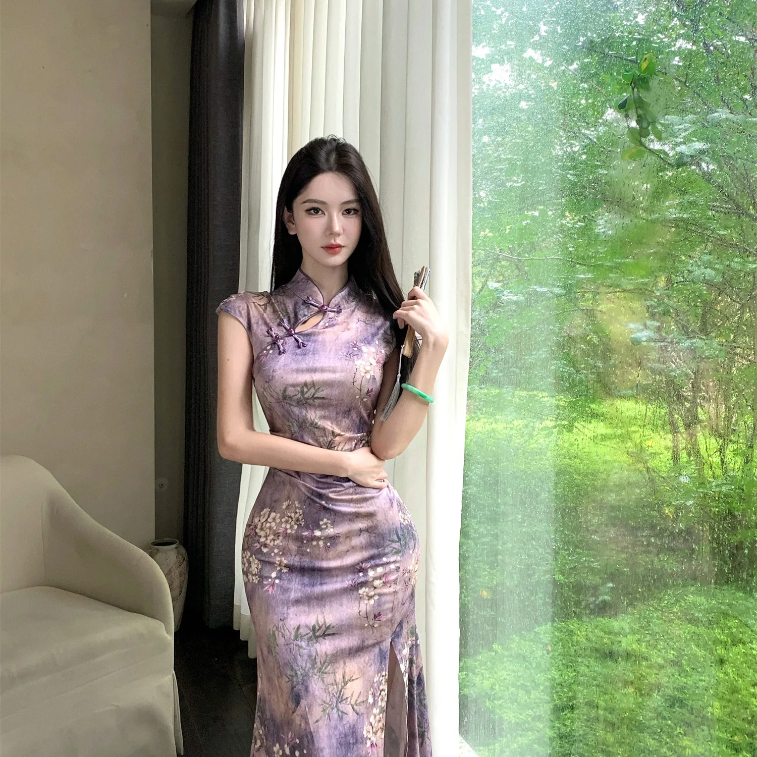 Retro Republic of Chi Improved  Print Split Pleated Dr ort Sve Mid-Length Chinese Sle Women's Faion