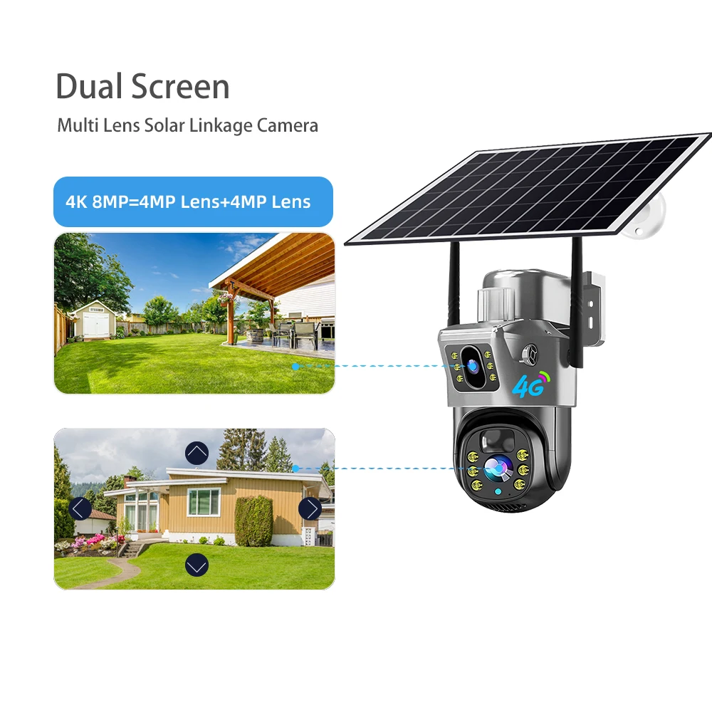 8MP 4K Wireless Solar Camera 4G Sim Outdoor Dual Lens IP Camera PIR Night Vision V380 Pro CCTV Security Protection Monitor