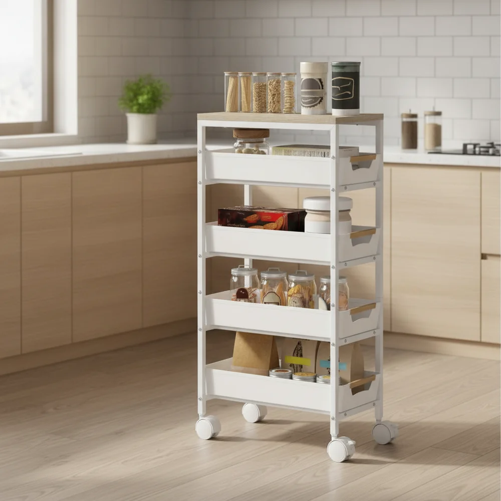Chariot de rangement à roulettes 5 Ebenex avec 4 tiroirs coulissants, étagère de rangement, blanc