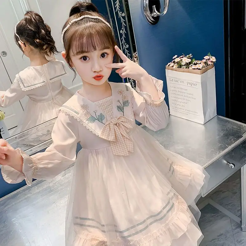 Spring Autumn Spanish Bow Floral Princess Lace Gauze Long sleeves Girl Kawaii Lolita Clothes Elegant Party Evening Clothing