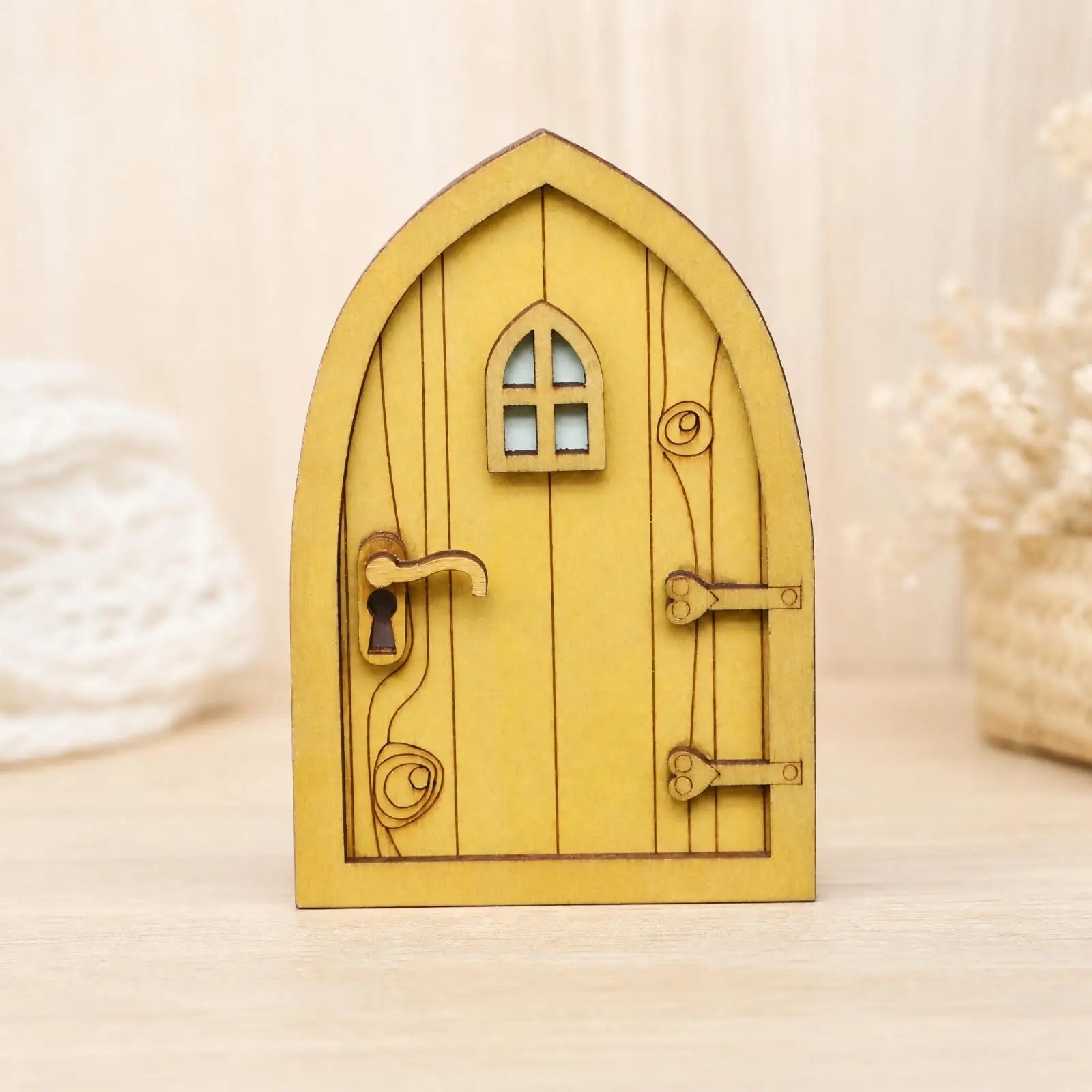 Miniature Glow Door for Fairy Garden Decorations Wooden Dollhouse Mini Door Light Up Accessory for Garden Fairy House Scene