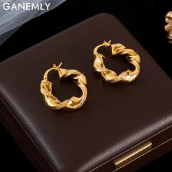 GANEMLY 316L Stainless Steel Gold Color Twisted Hoop Earrings For Women Girl Fashion Ear Buckle Waterproof Jewelry Gift Bijoux