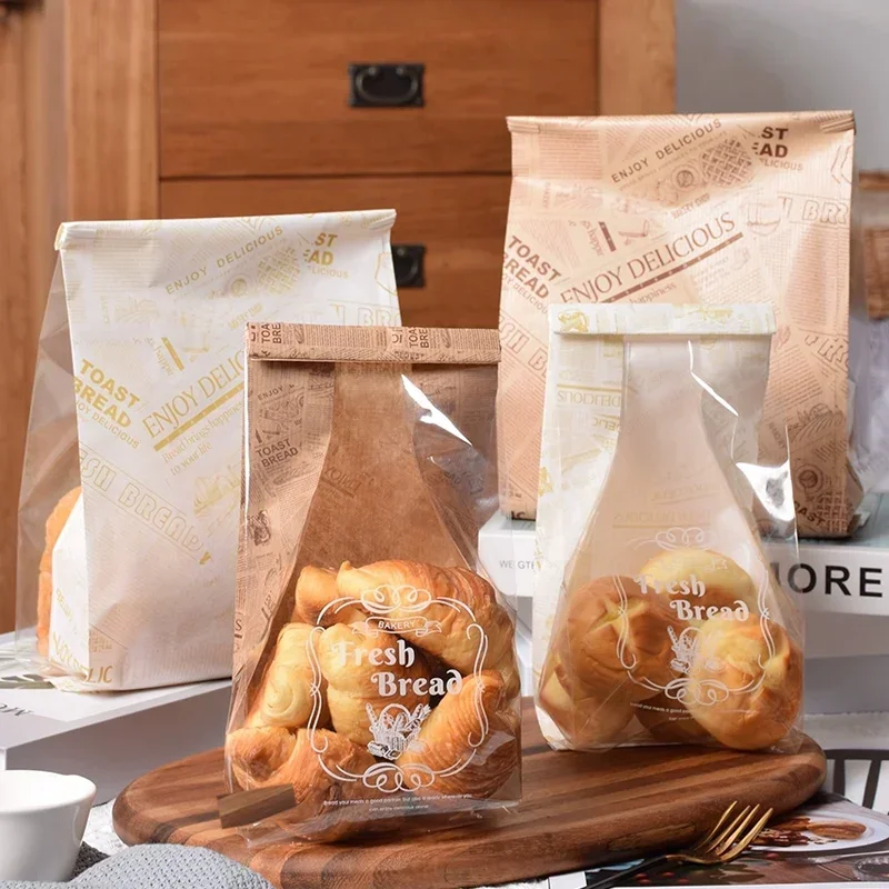 10/20/50Pcs Toast Bread Bags Transparent Kraft Paper Packaging Bag For Snack Donut Croissant Baking Plastic Pouch Party Supplies