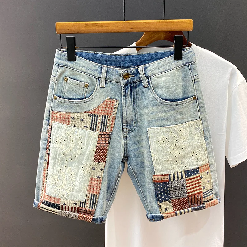 High End Denim Shorts Men\'S Slim Fit Personalized Fashion Distressed Patch Patchwork Printed Embroidery Casual Straight Pants