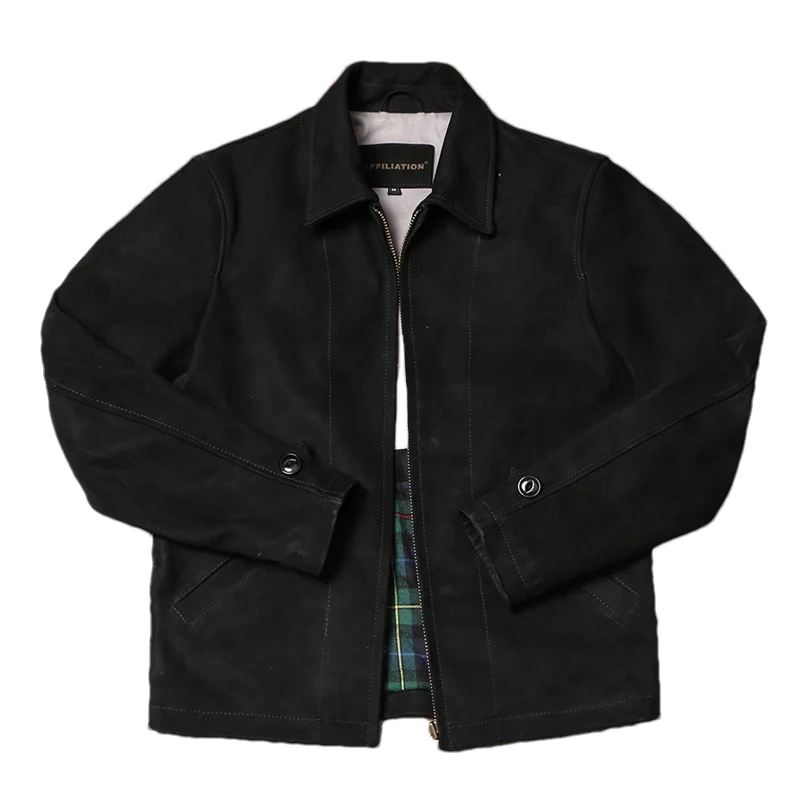 Men's Genuine Cowhide Leather Work Jacket Black Distressed Waxed Style Zip Front With Tartan Plaid Lining Snap Cuffs Retro Coat