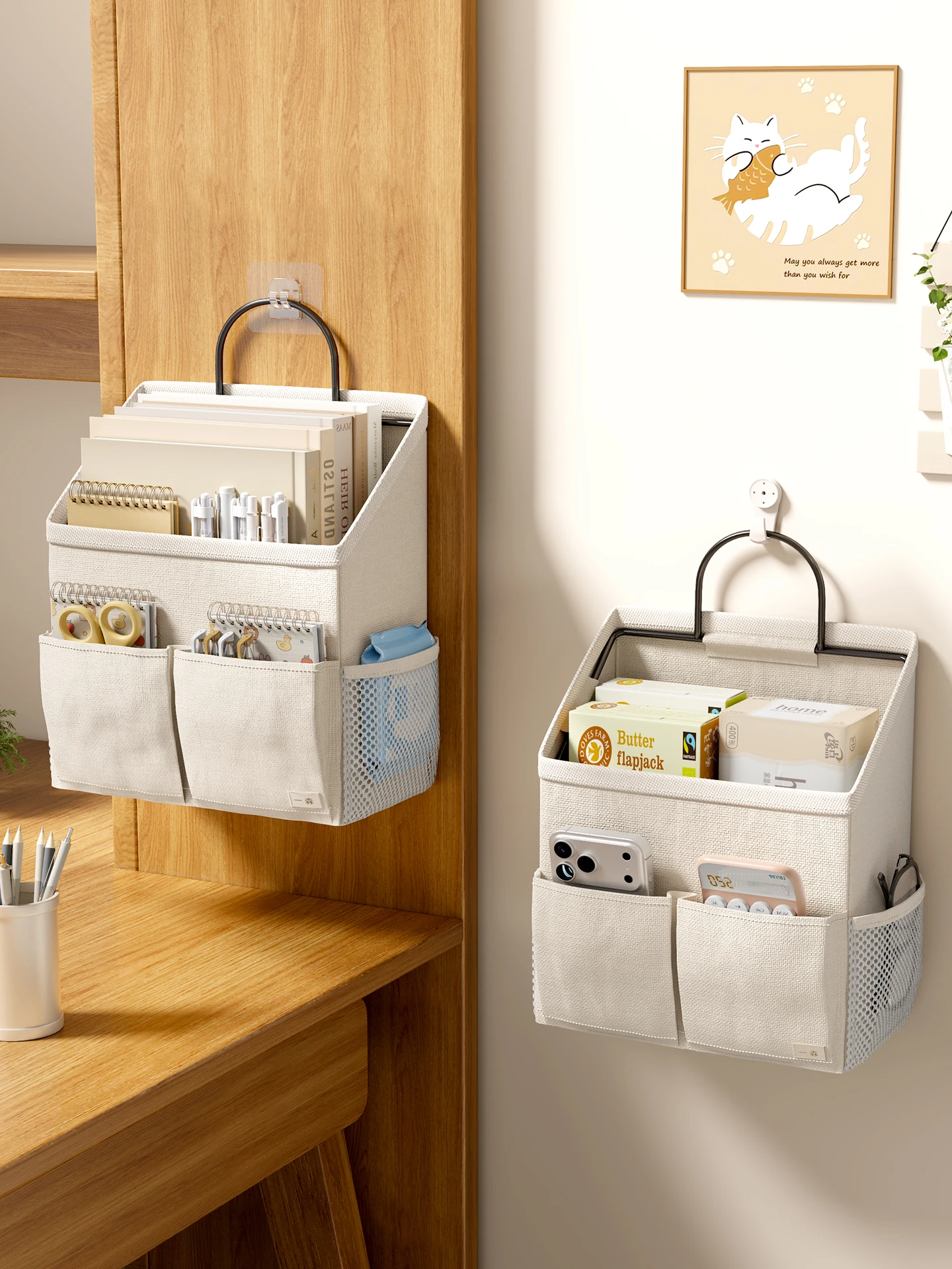 Large Capacity Wall Mounted Fabric Storage Bag Dormitory Bedside Organizer Hanging Pocket Student Dormitory Cotton Storage Bag