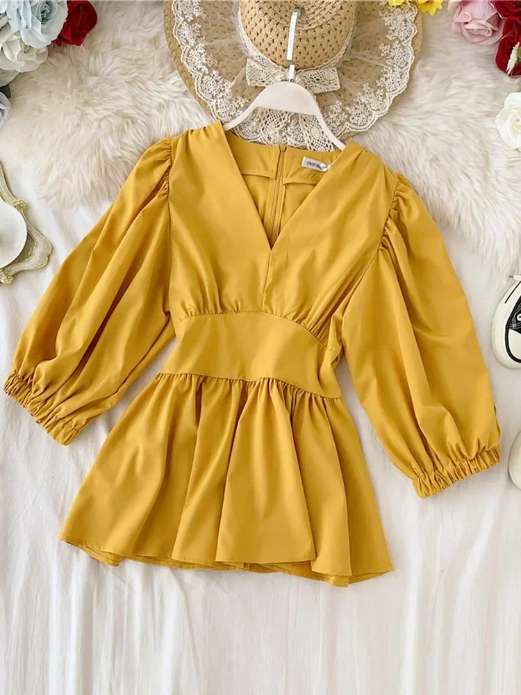 Women\'s V-neck Shirt Spring Summer Temperament Lady Style Was Thin Waist Full Shirt Tide Solid Puff Sleeve Tops Blouses ML564