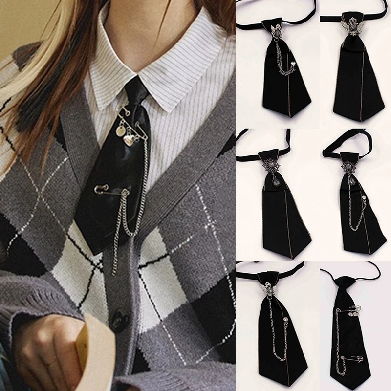 

Punk Gothic Black Ribbon Tie Crystal Rhinestone Metal Chain Jewelry Shirt Suit Collar Neck Ties School Uniform Jk Unisex Necktie