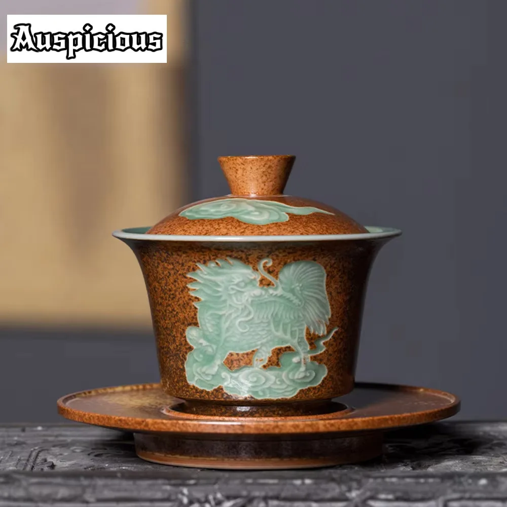 

160ml Retro Longquan Celadon Sancai Cover Bowl Wood-fired Pottery Tea Bowl Pure Handmade Kylin Respecting Gaiwan Teaset Gift Box