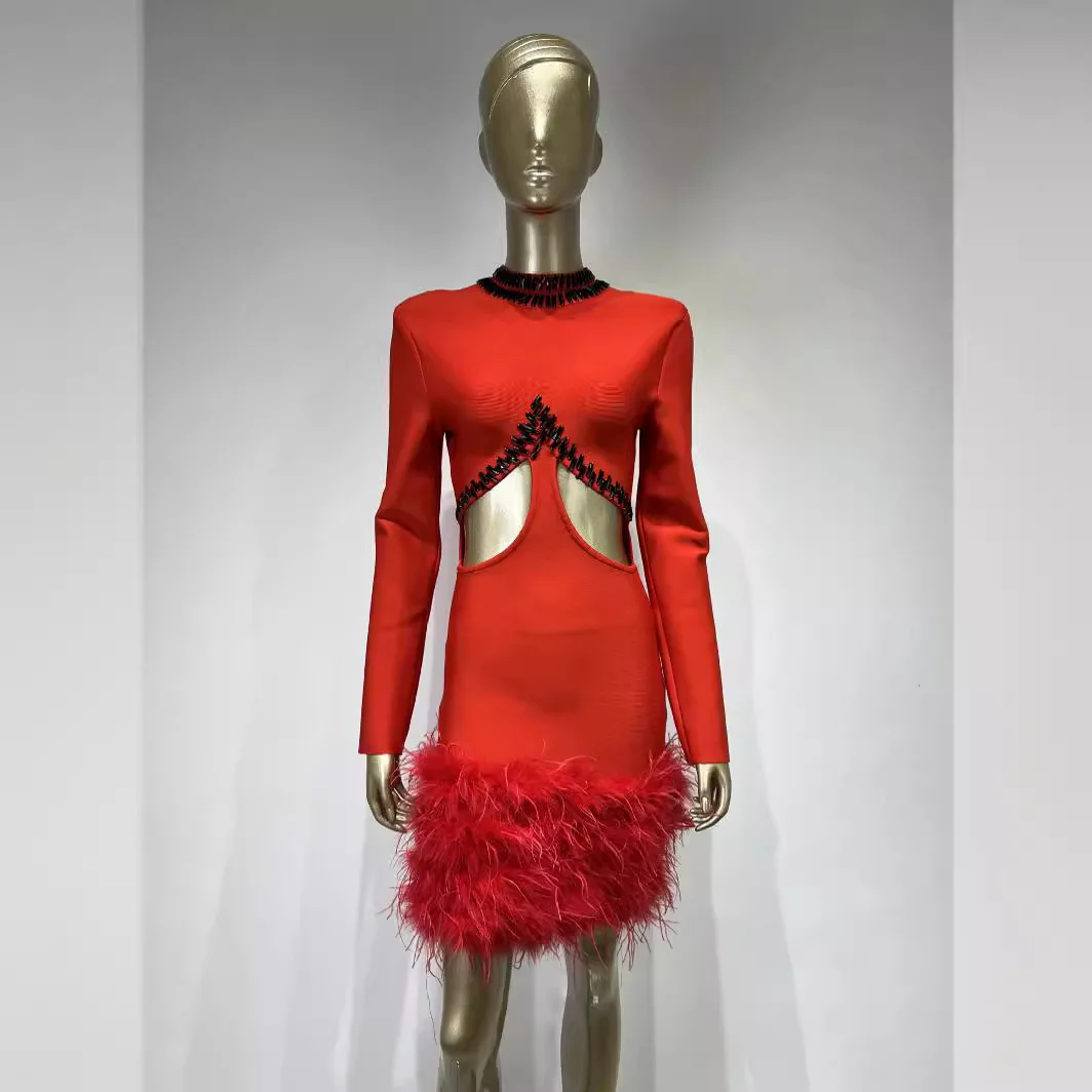 Big Red Ostrich Hair Bandage Fashionable And Sexy Water Diamond Cutout Party Dress